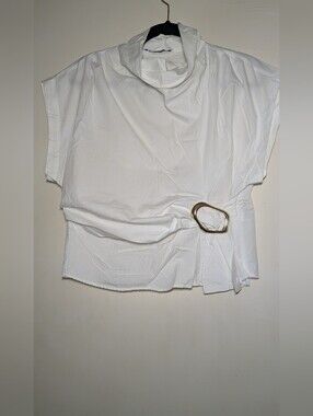 Zara White Draped Cowl Top with Gold Buckle